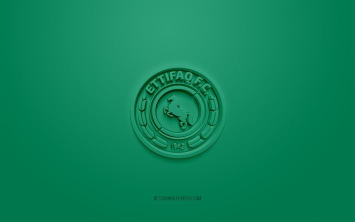 Al-Ettifaq FC, logo 3D creativo, sfondo verde, SPL, Saudi Arabian Football Club, Saudi Professional League, Dammam, Arabia Saudita, 3d arte, calcio, Al-Ettifaq FC logo 3d