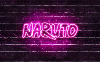 Naruto logo violet, 4k, mur de briques violet, logo Naruto, manga, logo n&#233;on Naruto, Naruto