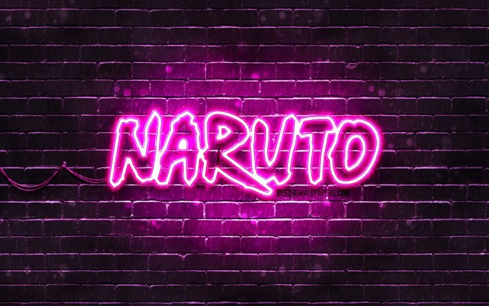Logotipo roxo de Naruto, 4k, parede de tijolos roxa, logotipo de Naruto, mang&#225;, logotipo de n&#233;on de Naruto, Naruto