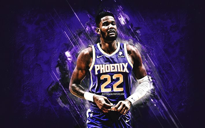 Deandre Ayton, Phoenix Suns, NBA, joueur de basket-ball des Bahamas, fond de pierre violette, basket-ball, art grunge