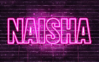 Naisha, 4k, wallpapers with names, female names, Naisha name, purple neon lights, Happy Birthday Naisha, popular arabic female names, picture with Naisha name