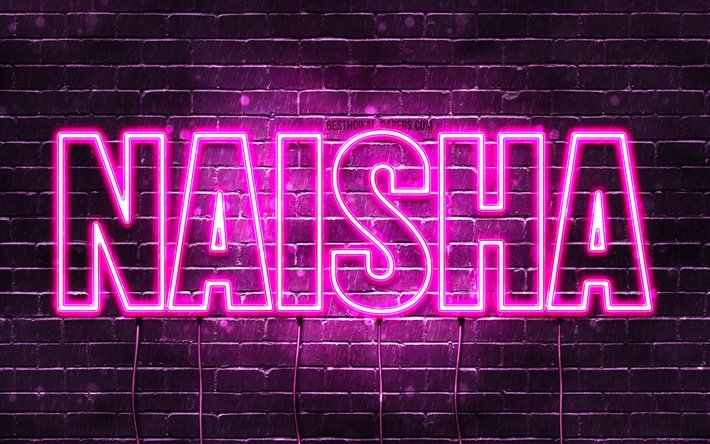 Naisha, 4k, bakgrundsbilder med namn, kvinnliga namn, Naisha-namn, lila neonljus, Grattis p&#229; f&#246;delsedagen Naisha, popul&#228;ra arabiska kvinnliga namn, bild med Naisha-namn