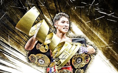 4k, Naoya Inoue, grunge art, japanese boxer, WBC, WBO, WBA, IBF, The Ring, OPBF, Naoya Inoue with belts, brown abstract rays, boxers, Monster, Naoya Inoue 4K