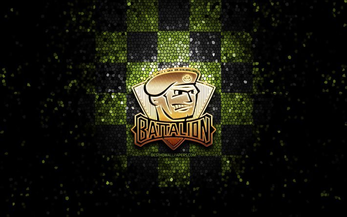 North Bay Battalion, logo glitterato, OHL, sfondo verde a scacchi neri, hockey, squadra di hockey canadese, logo del Battaglione North Bay, arte del mosaico, Canada