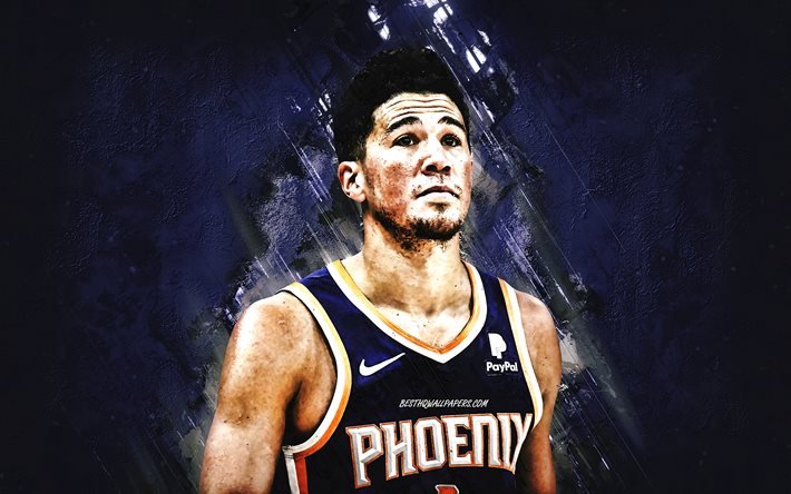 Devin Booker, Phoenix Suns, NBA, jogador de basquete americano, fundo de pedra roxa, basquete, arte grunge