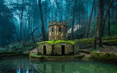 sintra, old tower, park, duck pond, portugal