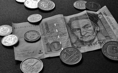 facturas, dinero, monedas, deutschmark
