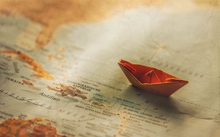mapa, viaje, barco de papel