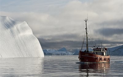 isberg, arctic, ett litet fartyg, gr&#246;nland
