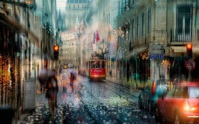 lisbon, street, rain, tram, portugal