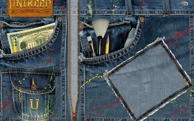 jeans, dollar, pencil, brush, texture