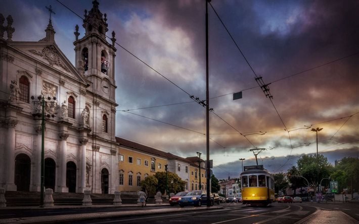 yellow tram, lisbon, street, gloomy morning, church, portugal
