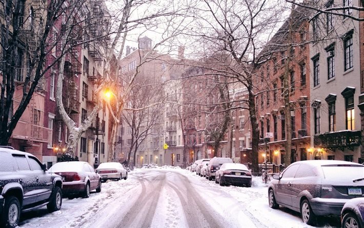 west village, snow, street, cars, new york