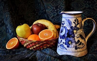 cesta, las manzanas, lanzador, las naranjas