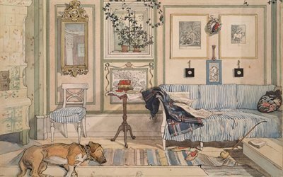 carl larsson, 1894, l&#39;artista svedese, accogliente angolo, acquerello