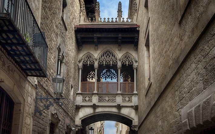 stone balcony, barcelona, old quarter, spain