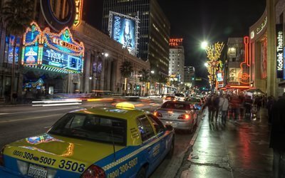 los angeles, hollywood, taxi, strada, notte, ca