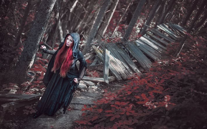 dark forest, path, abandoned bridge, redhead girl