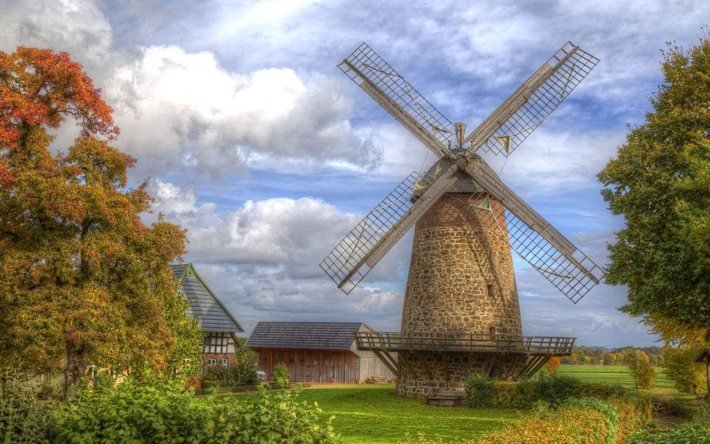 windmill, barn, trees, eastern westphalia