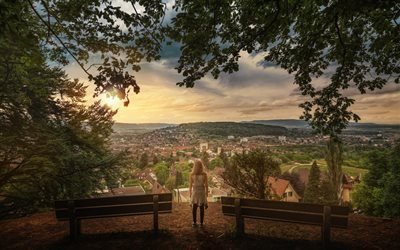 zurich, forest, girl, panorama of city, lookout, switzerland