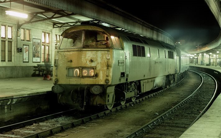railroad, station, night, old locomotive