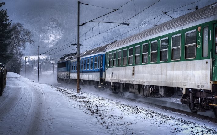 snow-covered road, winter landscape, passenger train, czech republic