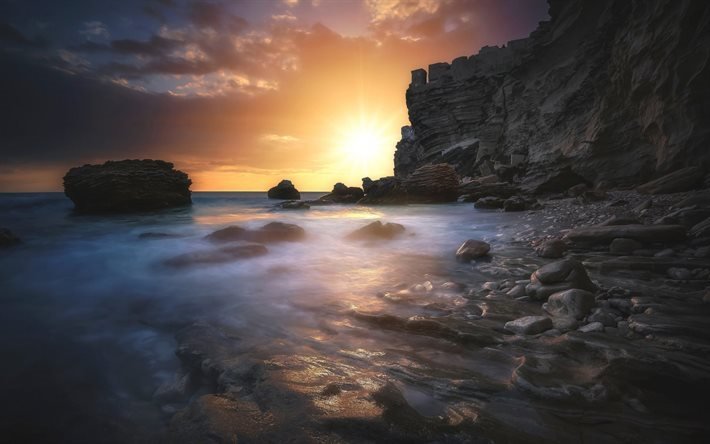 sunset, sea, beach, rocks, corsica