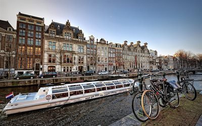 bikes, channel, promenade, pleasure boat, amsterdam