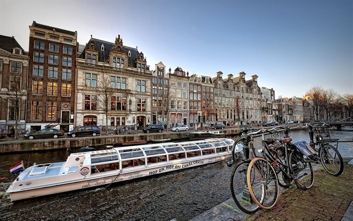 bicicletas, canal, paseo, barco de recreo, amsterdam