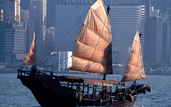 boat, chinese junk, sail, hong kong