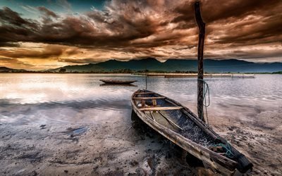 river, fishing boat, sunset, vietnam