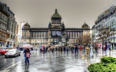 wenceslas square, praha, national museum, sateinen p&#228;iv&#228;, tšekin tasavalta