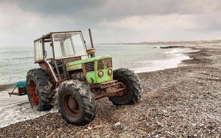 north sea, tractor, beach, denmark