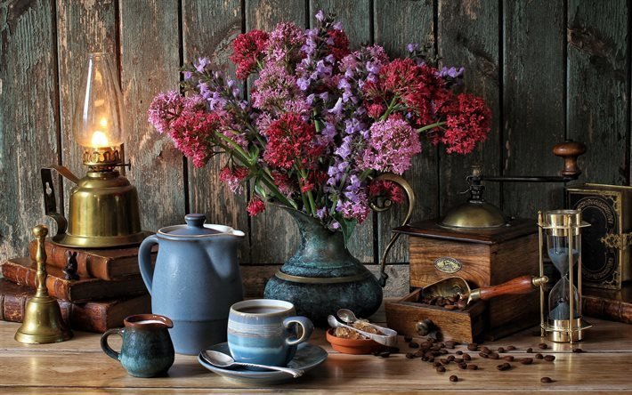 a bouquet of flowers, old coffee grinder, kerosene lamp, hourglass, antique still life, books