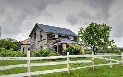 wooden house, white fence, grass, trees, old farm