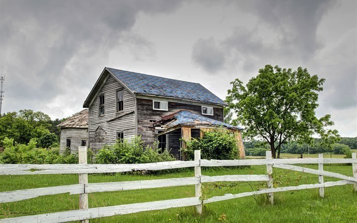 wooden house, white fence, grass, trees, old farm