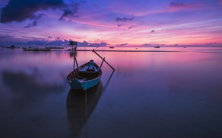ボート, 湖, 紫色の夜明け, 風景