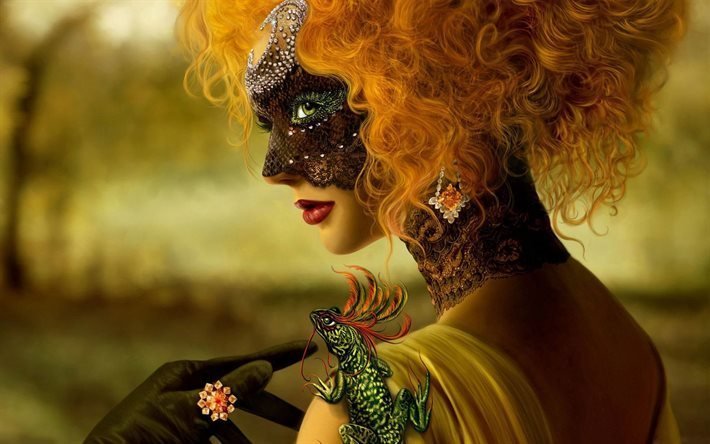ファンタジー, マスク, 赤髪の美しさ, 美術