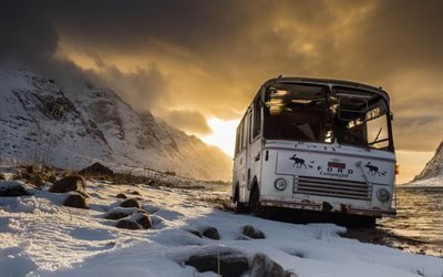 lofoten islands, old bus, snow, mountains, norway