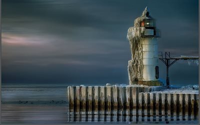 lighthouse, ice, winter, lake michigan