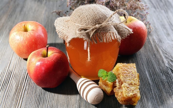 jar of honey, apples, apple still life