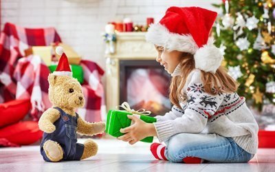 gifts, girl, tree, christmas