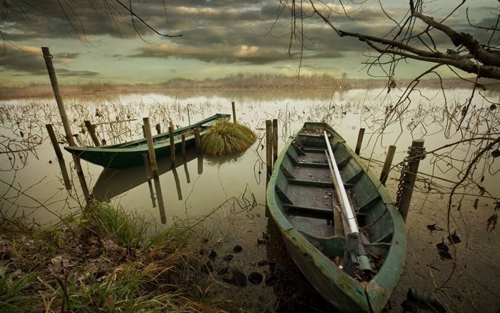 sunset, lake, boats