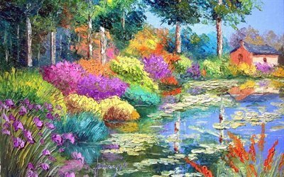 french impressionist painter, flowers pond, jean-marc janiaczyk, flower pond