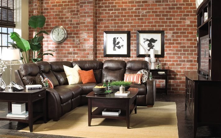 buffet, coffee table, leather sofa, interior of loft