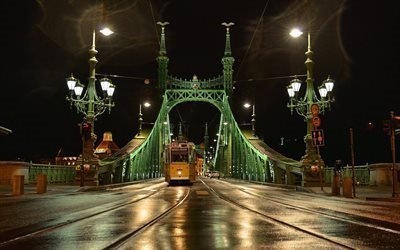 橋, 黄色の路面電車, ブダペスト, 夜市, ハンガリー