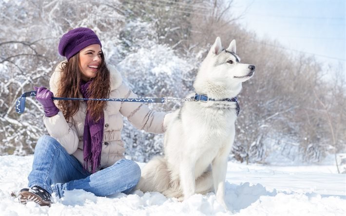 perro, chica, la nieve, invierno, correa