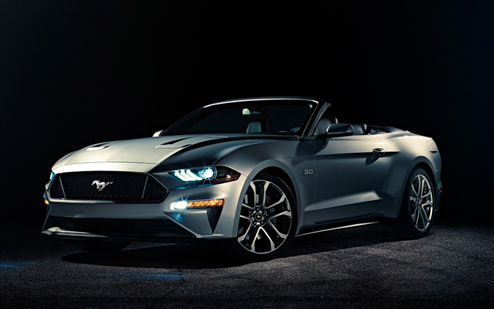 Ford Mustang, 2018, gris Cabriolet, gris Mustang, voiture de Sport, voitures Am&#233;ricaines, Ford