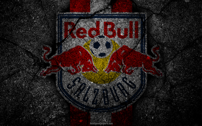 salzburg, logo, kunst, &#246;sterreichische bundesliga, fussball, fu&#223;ball-club, fc red bull salzburg, asphalt textur, red bull salzburg