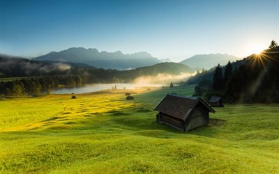 Alps, mountains, morning, lake, hut, sunrise